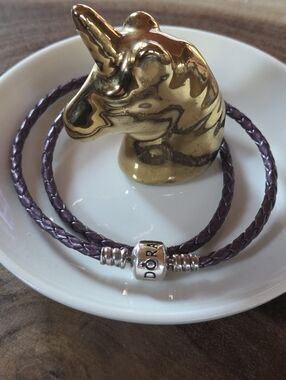Pandora Purple Braided Leather Double Wrap Bracelet with Silver Logo Clasp 6.9in